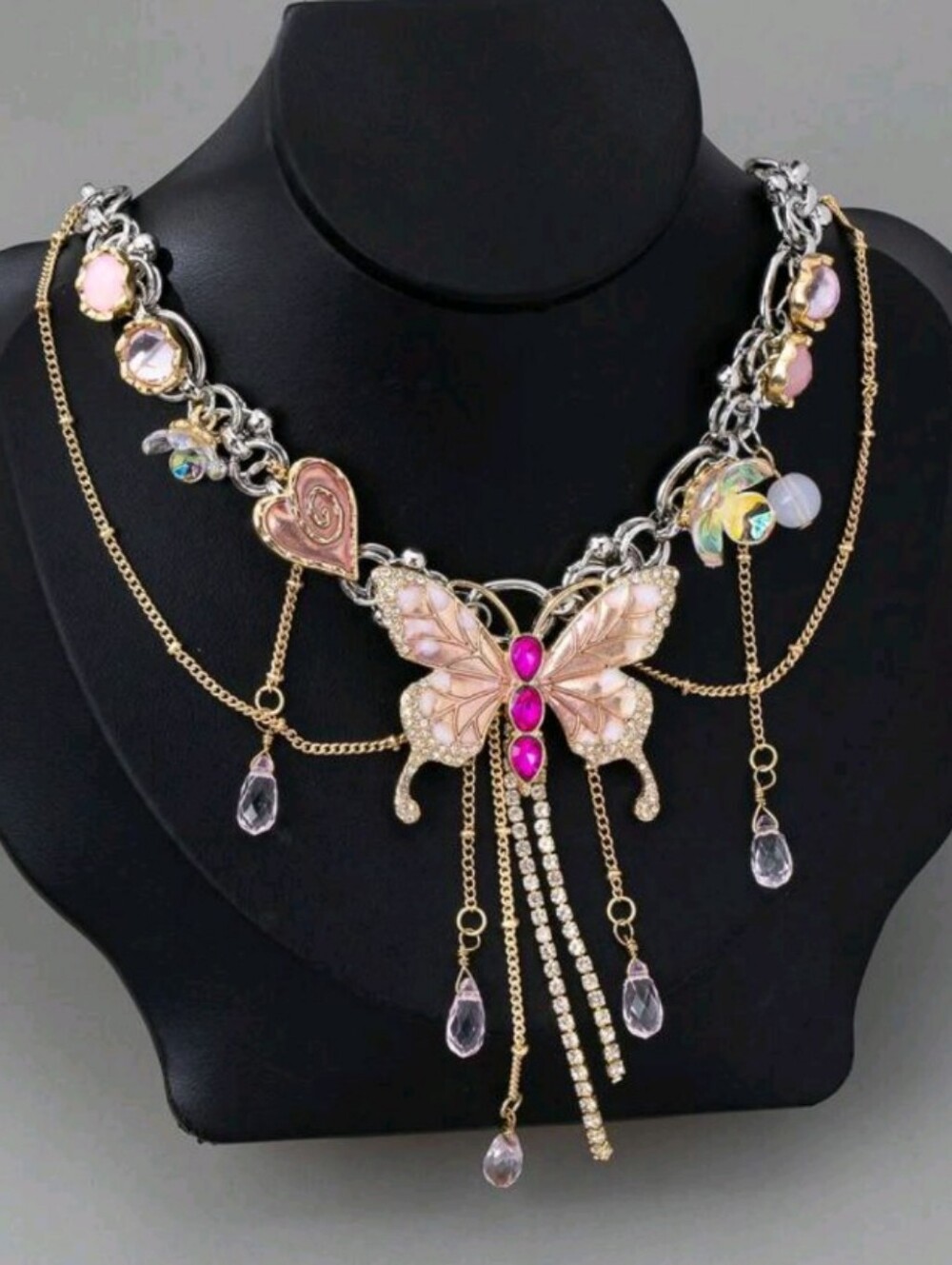 Pink Butterfly Statement Necklace with Gold Chains